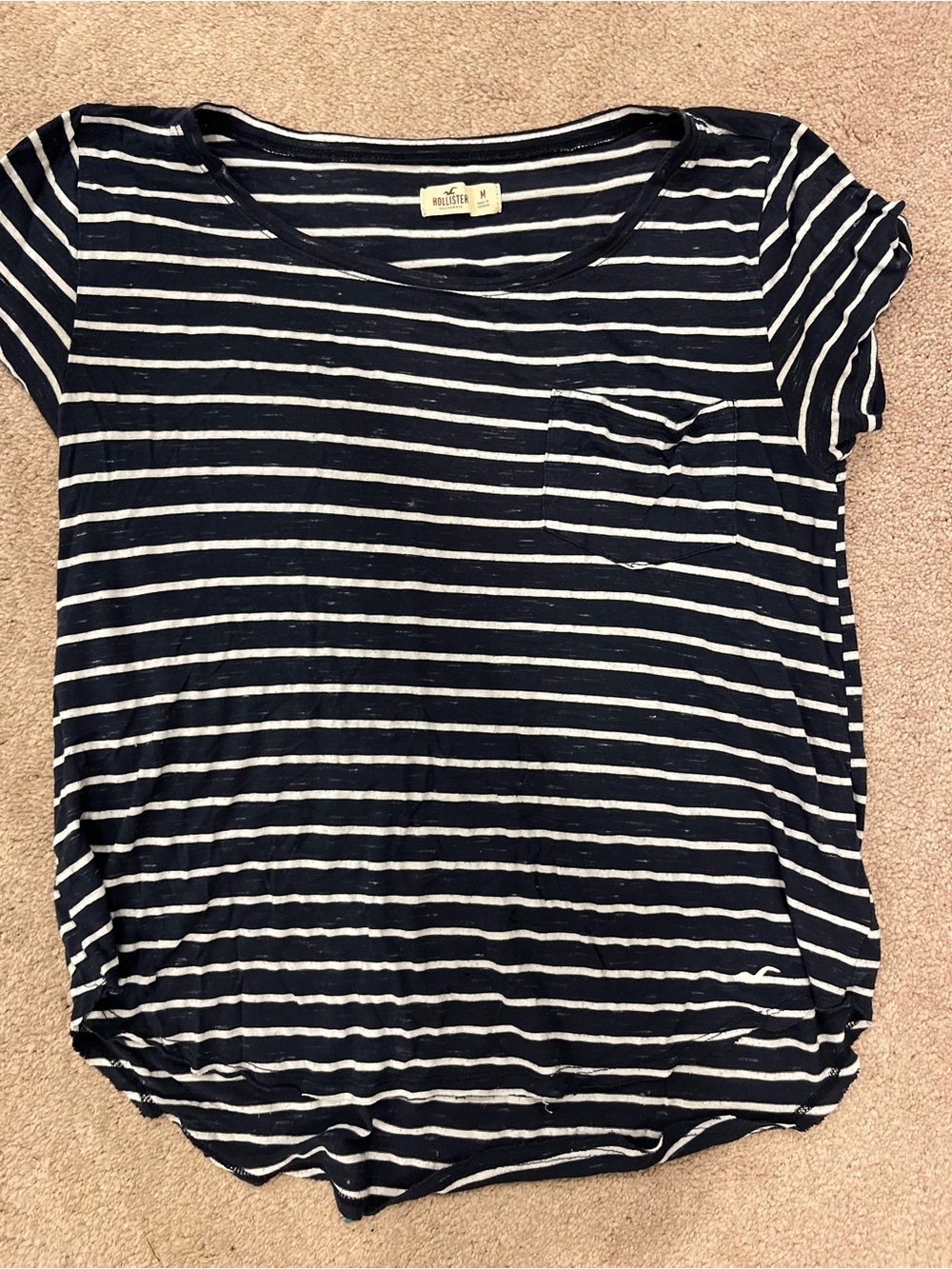 Hollister Navy & White Striped Crew Pocket Tee